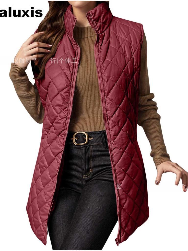 Neues einfarbiges, lang geschnittenes, gestepptes Baumwoll-Westen-Streetwear für Damen