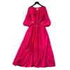 French Elegant Dress Women's High-end Fashion Stand-up Collar Flower Round Neck Lantern Sleeve Waist Strap Pleated Dress