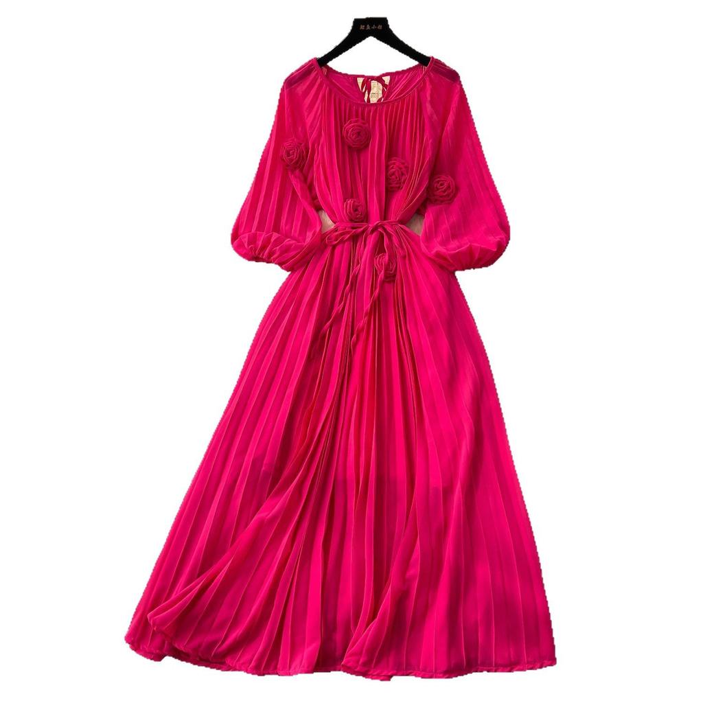 French Elegant Dress Women's High-end Fashion Stand-up Collar Flower Round Neck Lantern Sleeve Waist Strap Pleated Dress