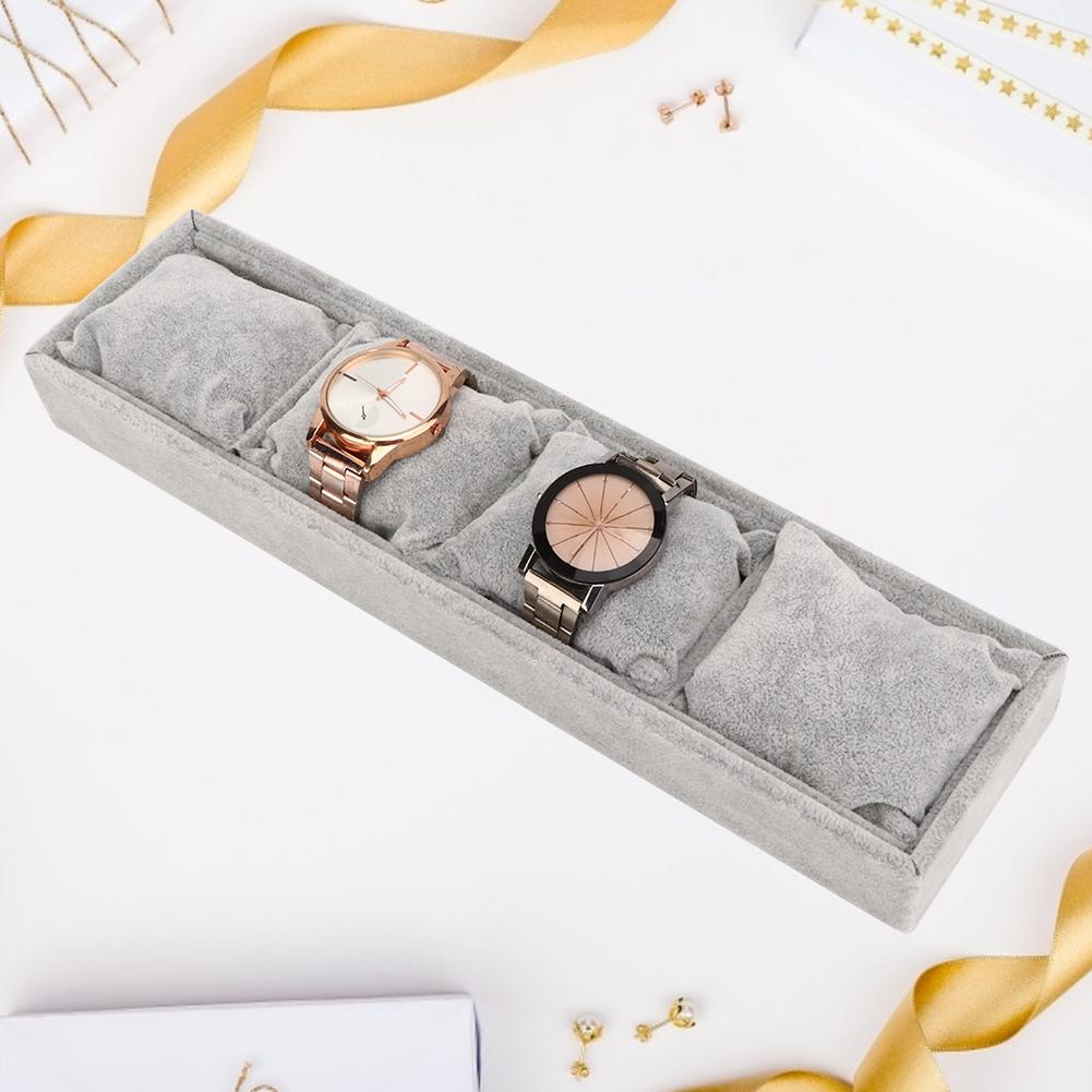 Gray Watch Bracelet Display Tray 4 Grid Slots Holder with Pillows Jewelry Storage Organizer
