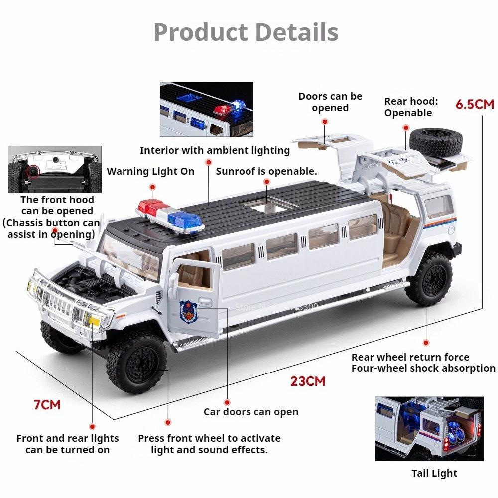 1:32 Extended Alloy Police Car Model Toy Doors Opened Sound Light Off-road Vehicles Metal Body Models for Children's Puzzle Toys