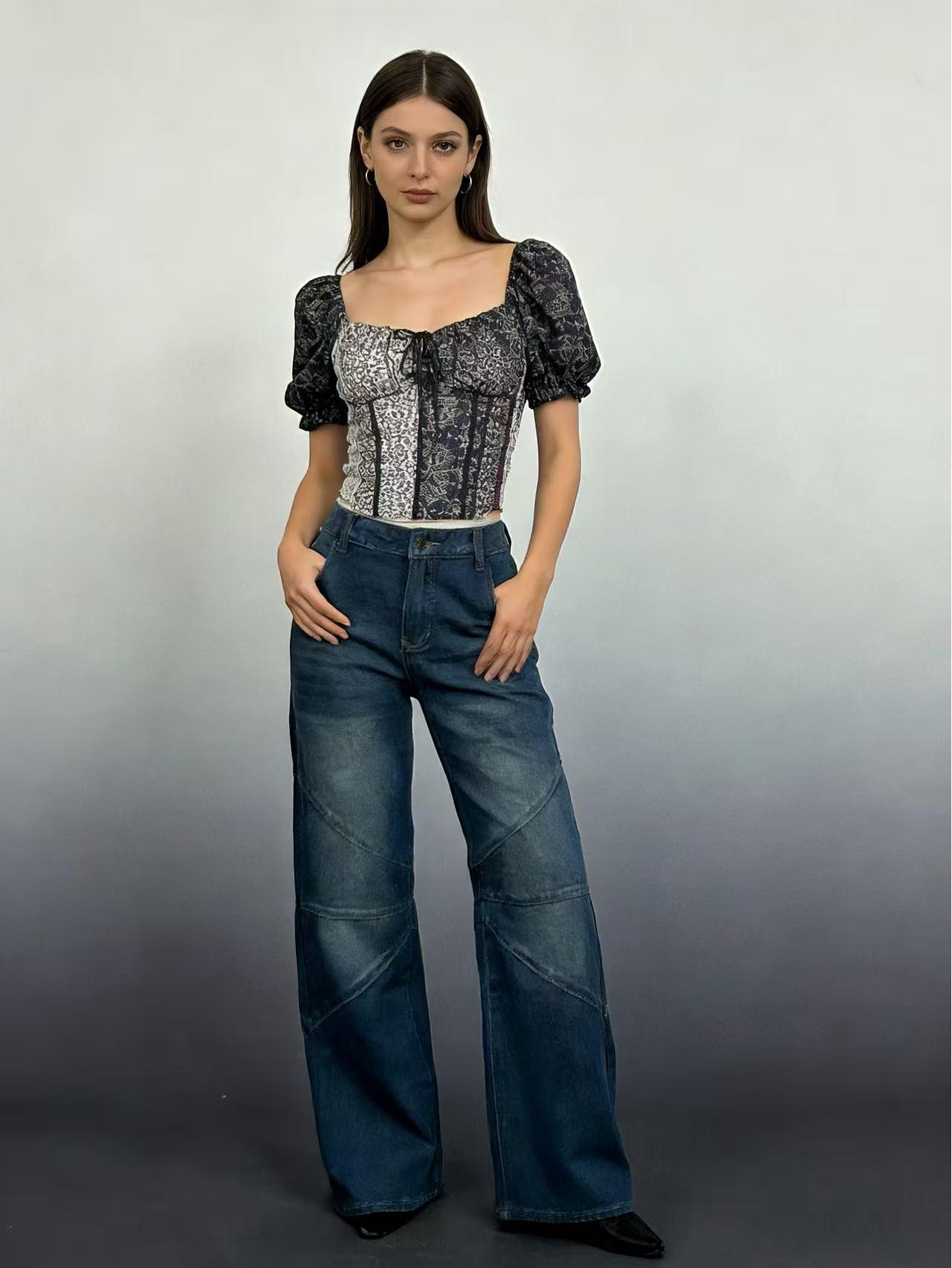 

European Style Patchwork Pleated Washed Straight-Leg Distressed Denim Jeans for Women Small темно-синього кольору
