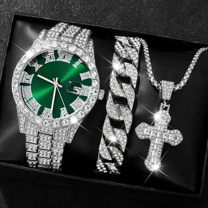 

Мужские часы с бриллиантами и стразами, римские цифры, календарь, мужской золотой часовой набор