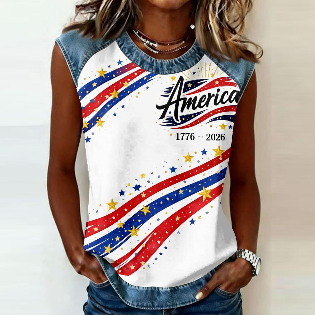Women's Casual Sleeveless Pullover Top Crew Neck Tank Shirt 250th Anniversary Graphic Print Sleeveless Tee for Summer