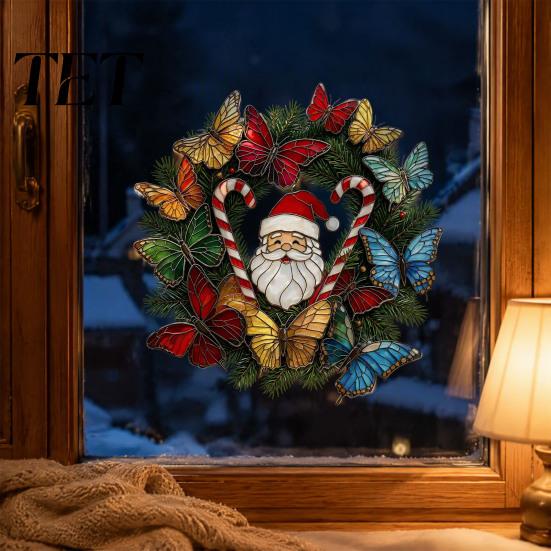 Waterproof PVC Static Clings Christmas Wreath Window Sticker, Stained Glass Style, Removable Santa Butterfly Candy Cane Decal, Cling for Home