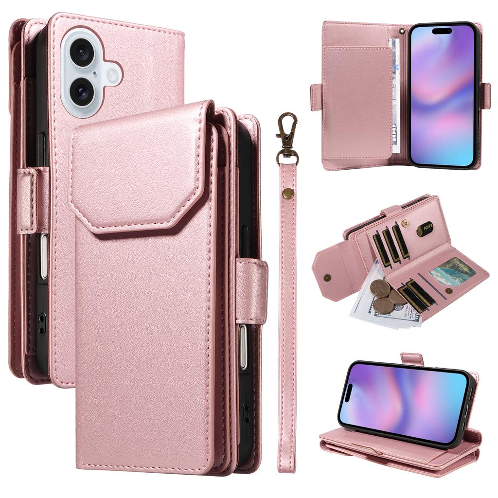 For iPhone 17 Case with Multi-Card Holder and Strap PU Leather Phone Cover Stand
