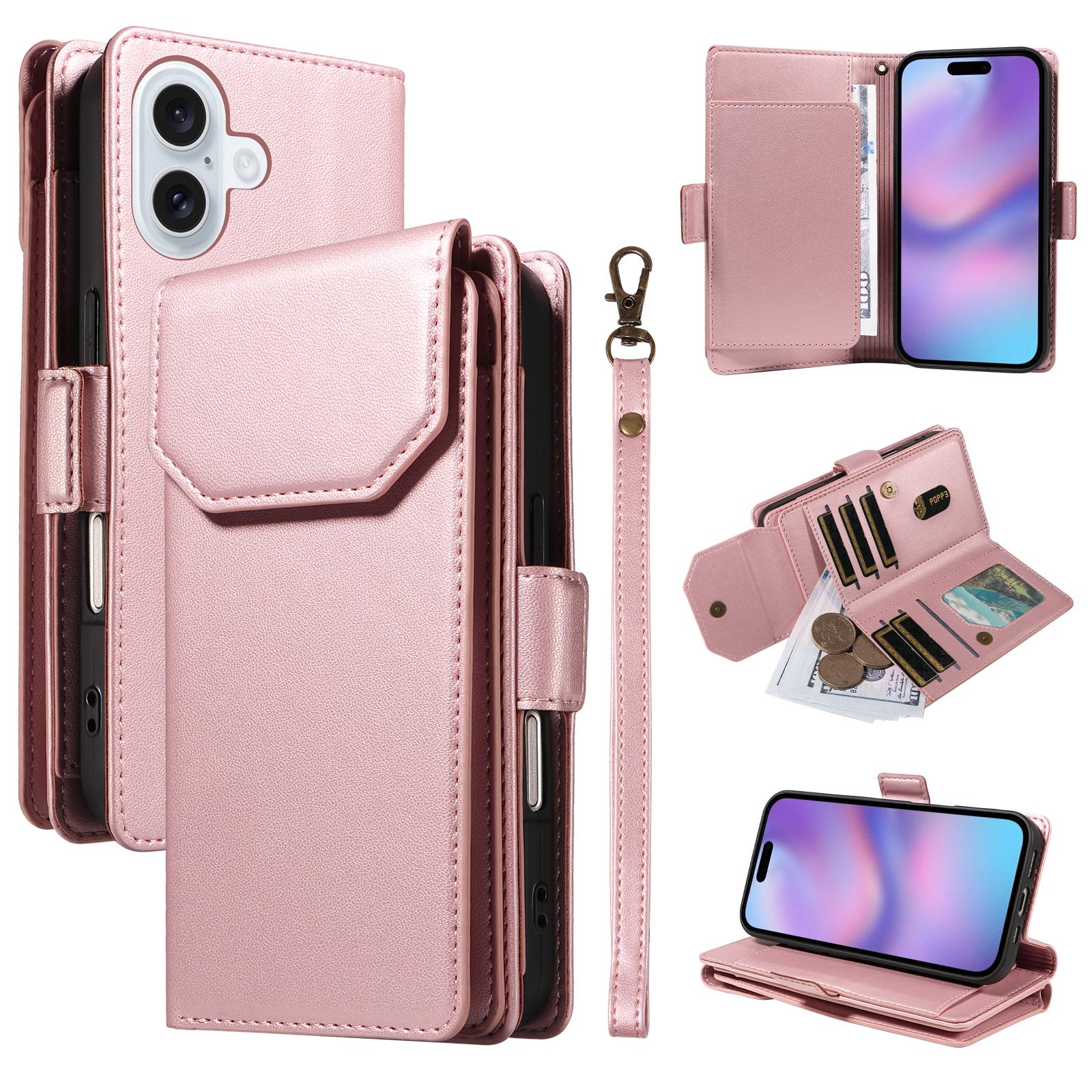 

For iPhone 17 Case with Multi-Card Holder and Strap PU Leather Phone Cover Stand Rose Gold