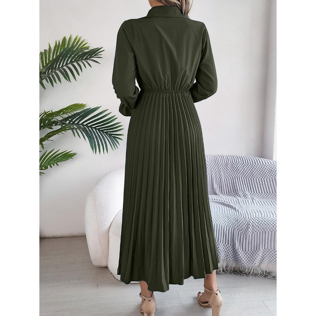 GMXIA Autumn and Winter Casual Lapel Button Long-sleeved Waist-cinching Pleated Long Dress Women's Clothing