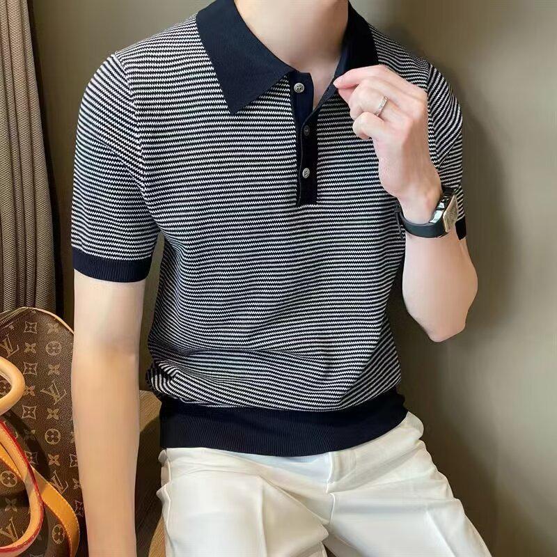 Men's European Style Ice Silk Striped Polo Shirt