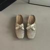 Retro style woven thick heel bag head cool slippers women's summer design French fashion bow muller shoes half slippers