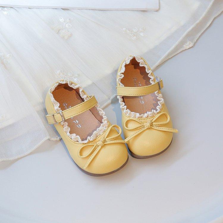 

Туфли из кожи с кружевной отделкой и бантом для девочек, детские 2025 весна-осень, новые, на мягкой подошве, Мэри Джейн, туфли зарубежной принцессы 31 yards inner length about 19.0CM. жёлтый