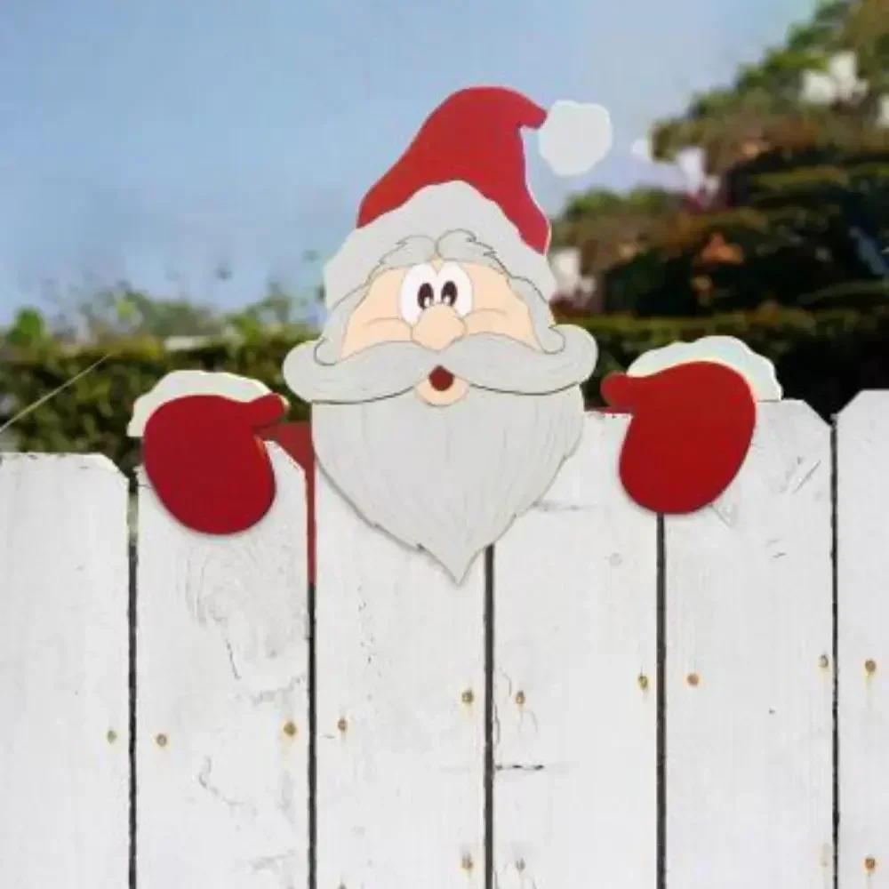 Christmas Fence Ornaments Santa Clause Snowman Reindeer Peeker Yard Ornaments Indoor Outdoor Ground Placard DIY Festival Gift