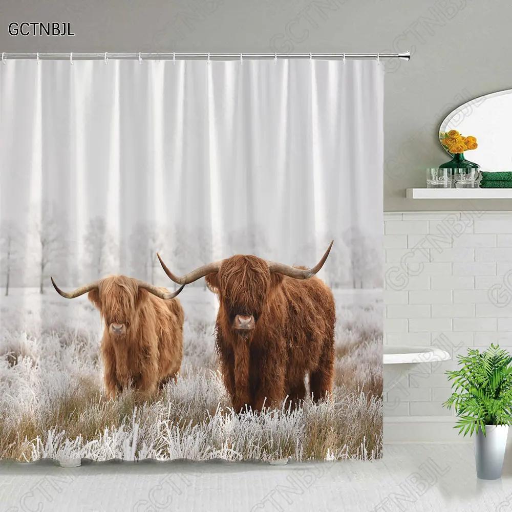 Funny Highland Bull Shower Curtains Set Western Bull Portrait Brown Wood Panel Rustic Landscape Barn Bath Curtain Bathroom Decor