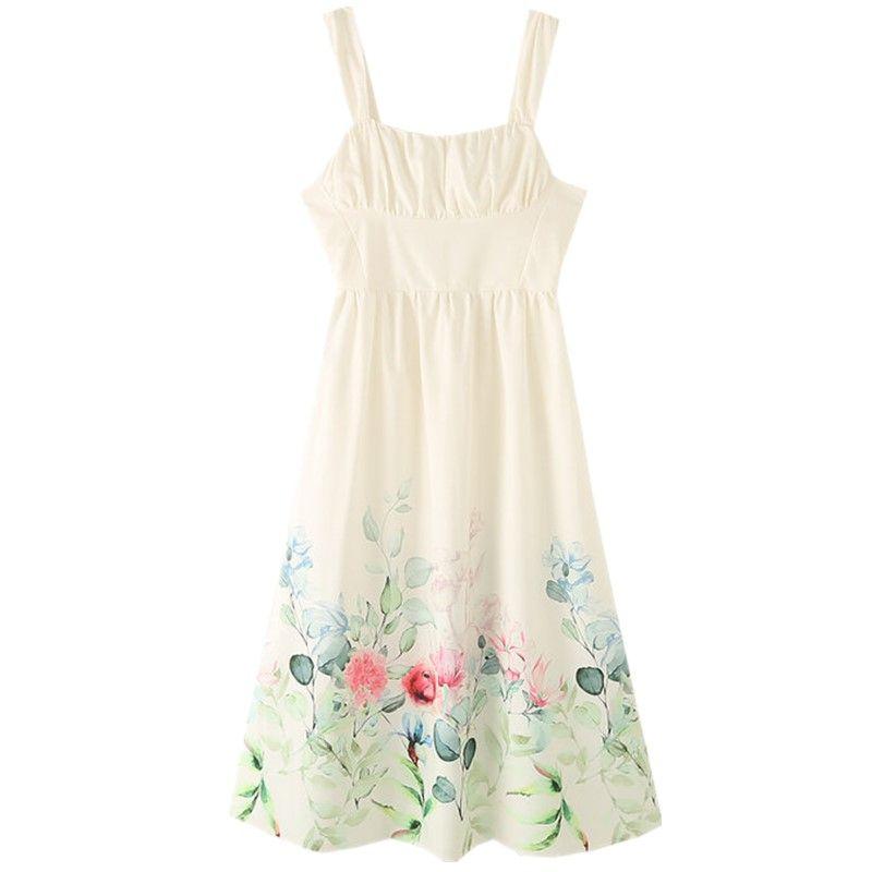 

Fashion Style 2024 Summer New Arrival Women s Clothing Slim Fit Square Collar Florals Print Mid-Length Dress 1231235 White L