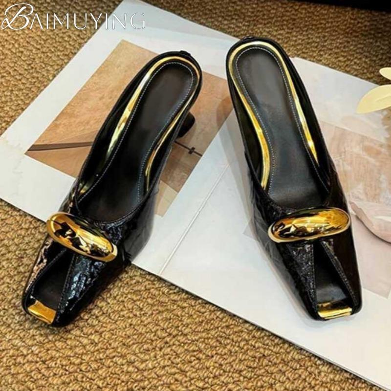 Fashion Square Toe Women Slippers Mules Sandals High Heels Shoes Woman Loafers 2025 Trend Designer Summer Shallow Soft Leather Slides