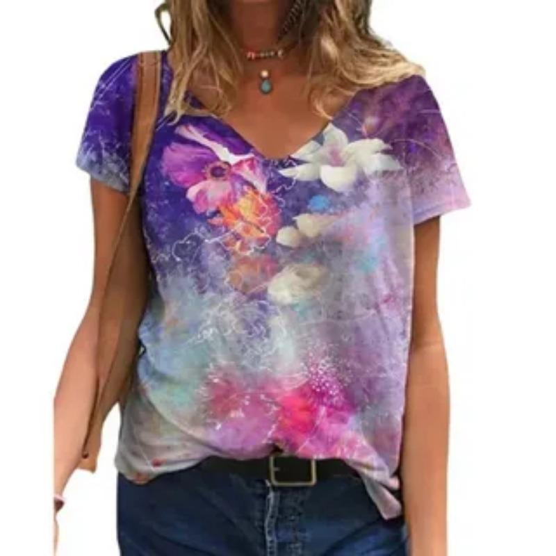 Summer V-neck 3D Ink Painting Flower Patterns Printed Top Fashionable Casual Short Sleeved Women's T-shirts