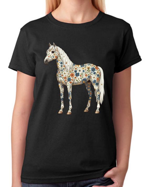 Floral Horse Beautiful Artwork Ladies T-Shirt Elegant Western Animal Art Tee L