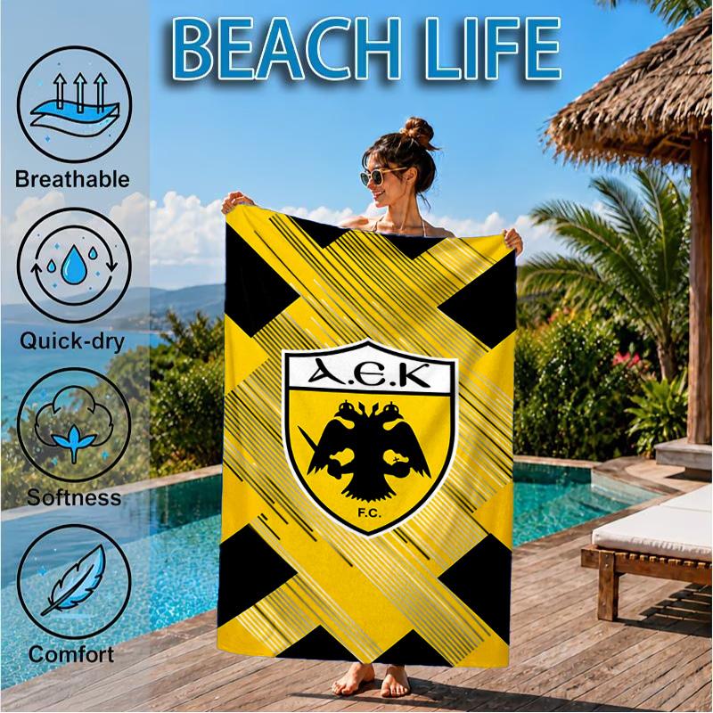 Asciugamano da Spiaggia AEK Atene con Design dello Stemma Oro e Nero, Asciugatura Rapida, Facile da Curare, Adatto Sia per il Fitness che per le Vacanze al Mare, Essenziale per lo Sport