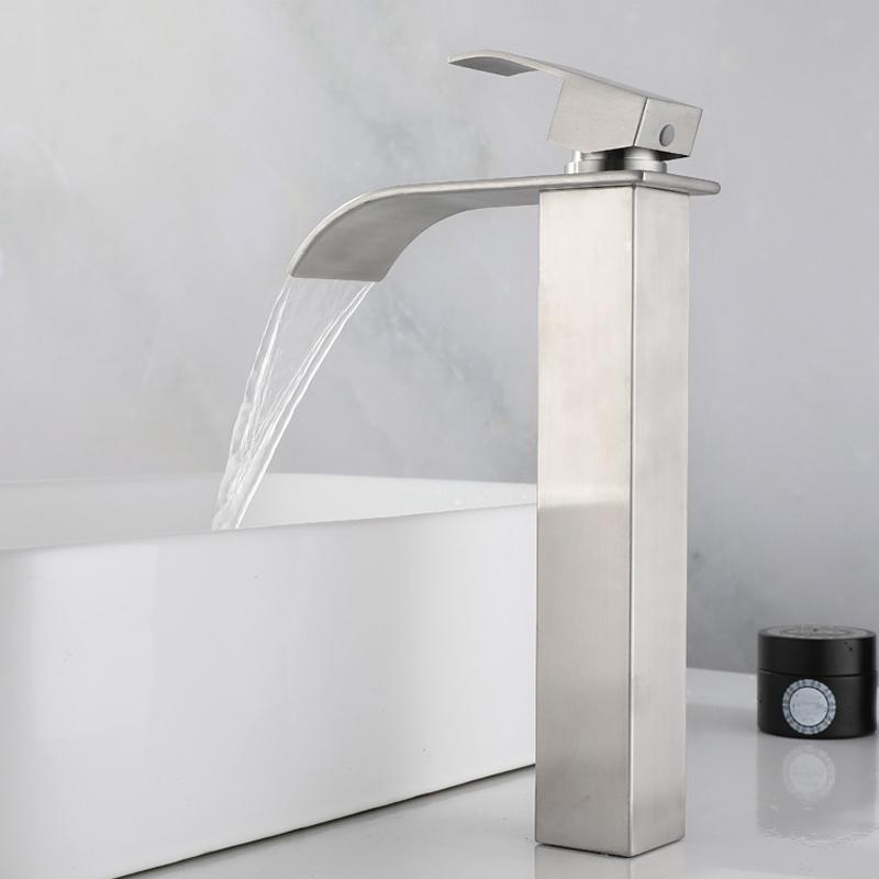 Waterfall Basin Faucet Deck Mounted Stainless Steel Brushed Silver Sink Tall Tap Bathroom Hot & Cold Mixer Vanity Vessel Taps