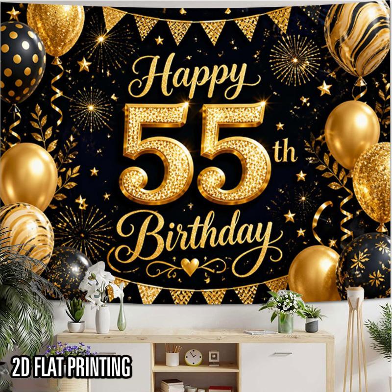 2D Flat, 2D Flat Print 1pc Tapestry Golden 55th Birthday Balloon Fireworks Wall Hanging Decor Aesthetic High-Definition Printing Polyester- for Living