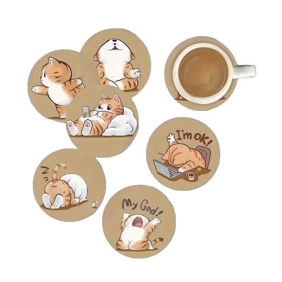 6Pcs Cute Wooden Cat Coaster Cartoon Heat Insulation Mats D