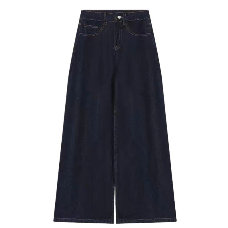 Damen Plus Size Hohe Taille Weiter Bein Tiefblau Samt Jeans - Retro Locker Bodenlang Hosen