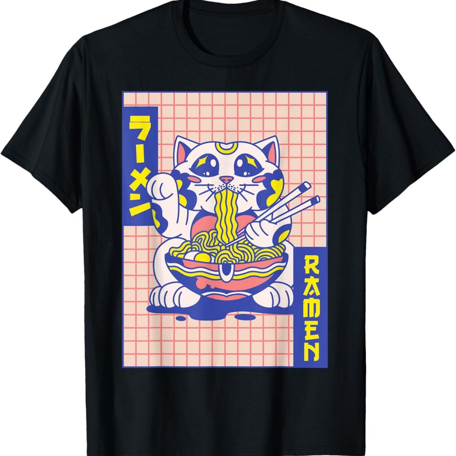 Maneki Neko Cat Ramen Noodles Japanese Vaporwave Aesthetic T-Shirt S чёрный