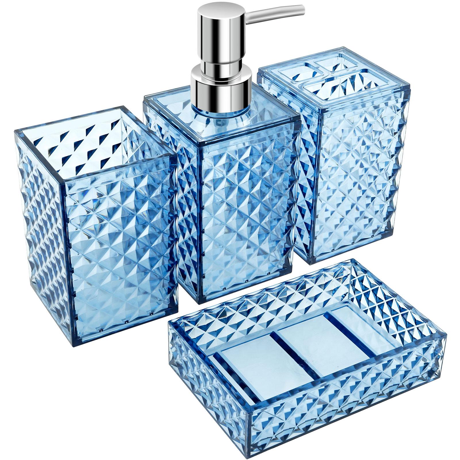 

4Pcs Bathroom Accessories Sets Lotion Dispenser Pump Bottle Toothbrush Holder Mouthwash Cup Soap Dish Clear Diamond Pattern