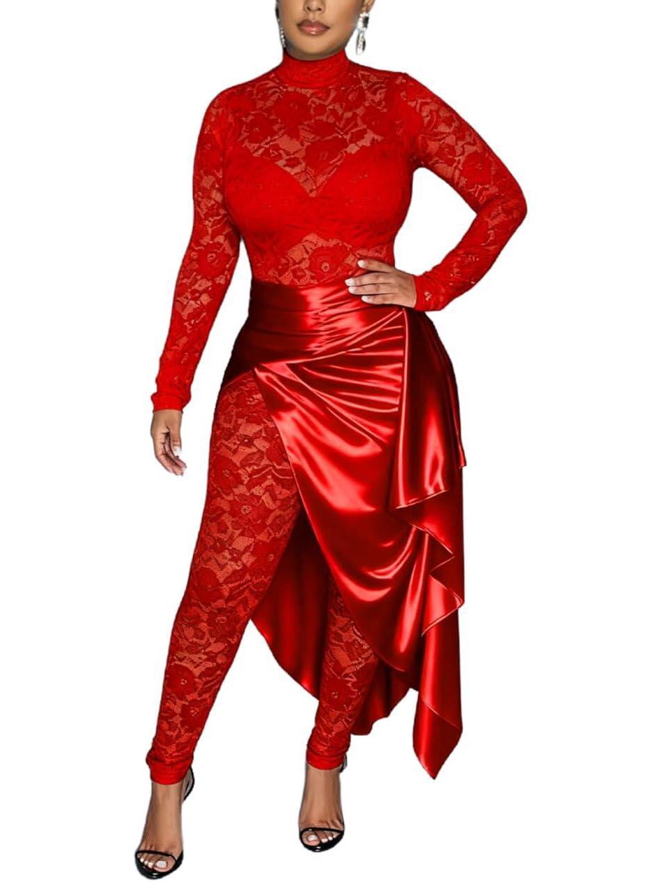 

European & American Fashion Lace Jumpsuit and Silk Skirt Set Small червоний