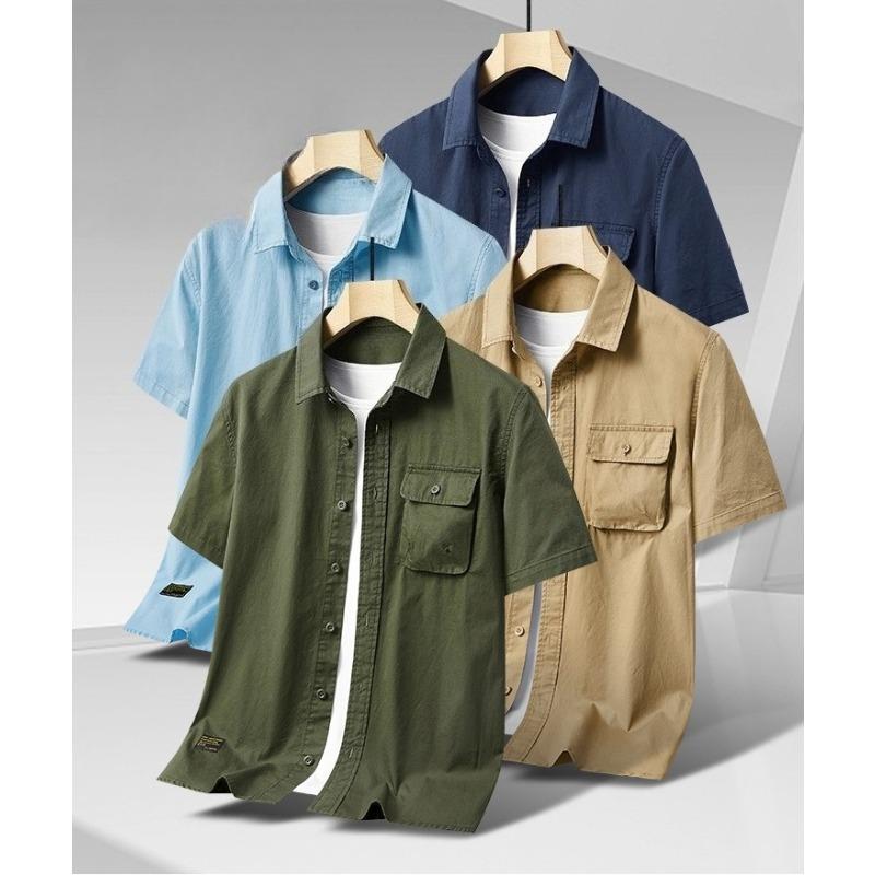 Men's Summer Cotton Short Sleeve Polo Collar Shirt Multiple Pockets Workwear Loose Plus Size Thin Casual Top for Middle Aged Young