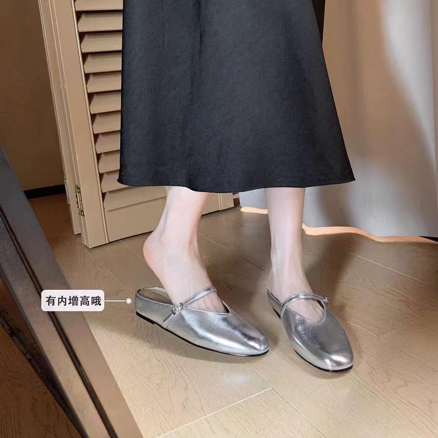 Grape Mother of the Same Style, Benezer Evening~ Round Head Inner Height Increase Word with Shallow Mouth Bag Head Muller Leather Half Slippers