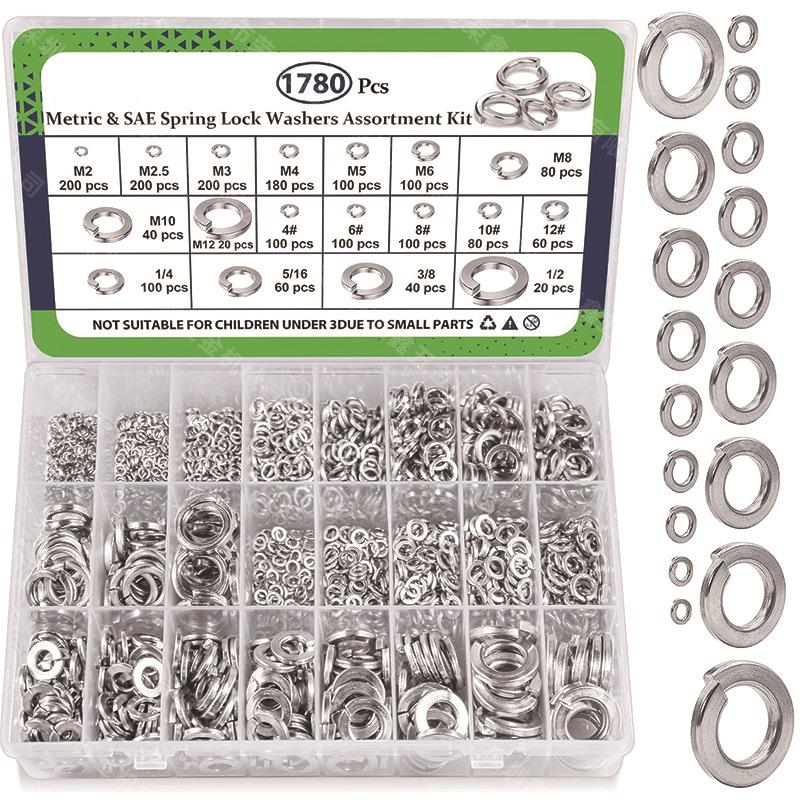 550-1780pcs Metric & Imperial Spring Lock Washers Set, M2-M12, 4#-1/2, Boxed