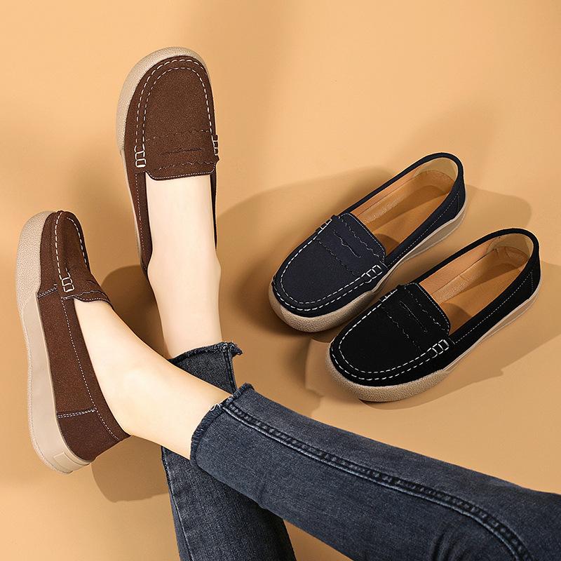 Leather Doudou Shoes Women's Comfortable Flat Bottom One Pedal Casual Single Shoes Beef Tendon Sole Soft Sole Medium Mother Shoes