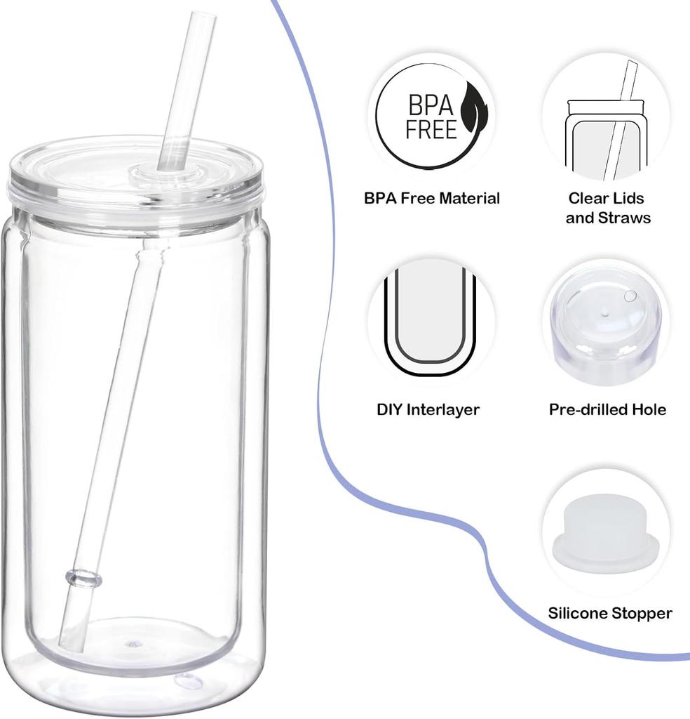 8 Pack plastic Snow Globe Tumbler, 16 Oz Double Wall Plastic Can with Lid and Straw, Plastic Mason Jar Mug for Snow Globe Glitter DIY Gift (Clear)