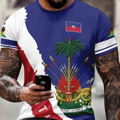 3D Haiti-Themed Print Summer & Spring Tee For Men, Casual Short Sleeve Fashion Style T-Shirt, Sporty New Arrival Novelty Top For Leisure