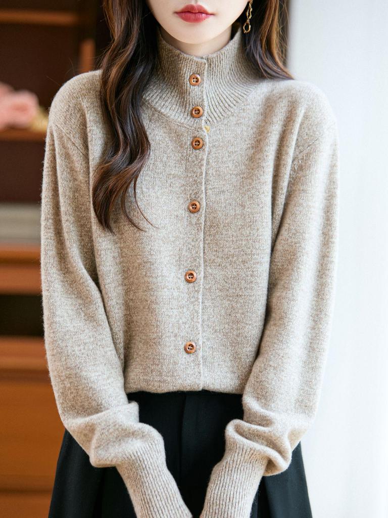 Women's Thickened Pure Wool Knit Cardigan - Autumn/Winter Half-High Collar, Versatile Lazy Style Sweater