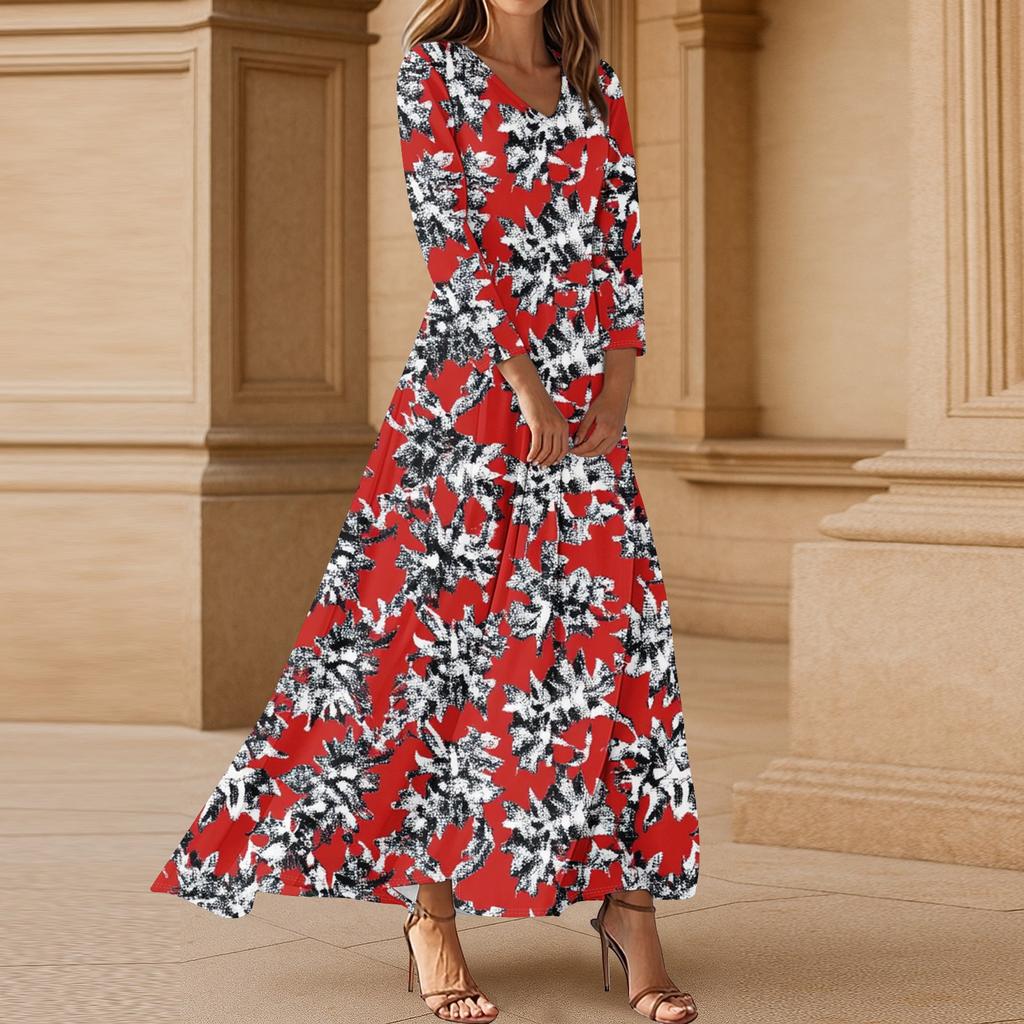 Women's Casual 3/4 Sleeve V-Neck Floral Print Maxi A-Line Beach Dress