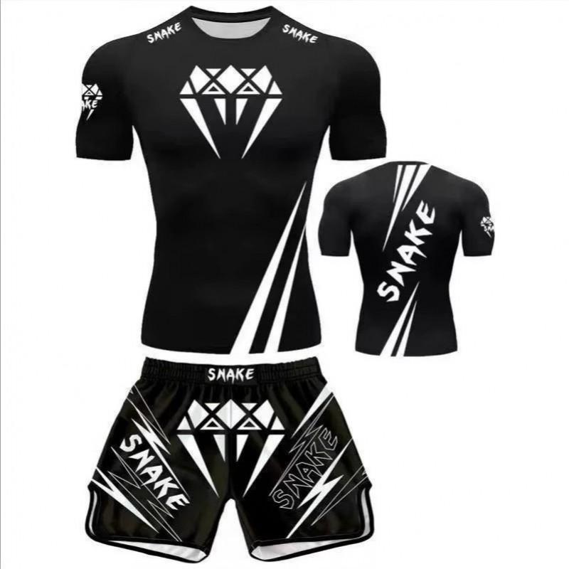 MMA Training Set Mens Short Sleeve Shorts Sanda Boxing Muay Thai Combat Sports Gym Workout