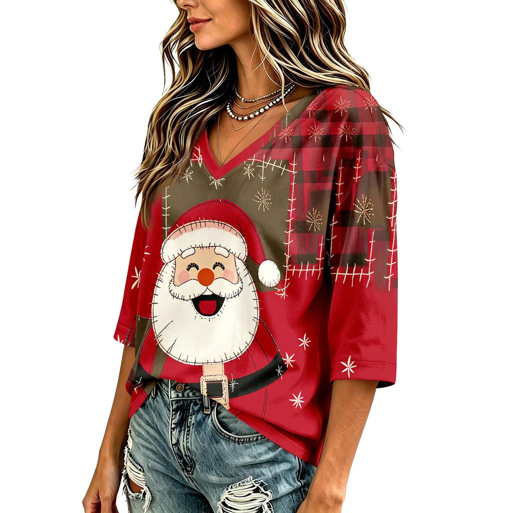 Women's Casual Christmas Print V-Neck Three-Quarter Sleeve Blouse for Holiday Party