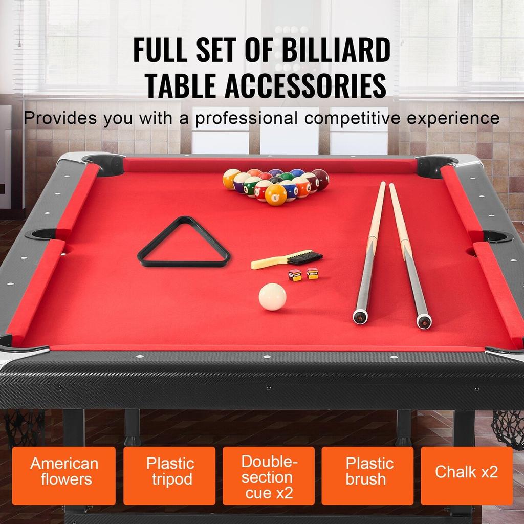 Billiards Table, 7 ft Pool Table, Portable Foldable Space-Saving Table, Billiard Table Set Includes Balls, Cues, Chalks and Brush, Black with Red