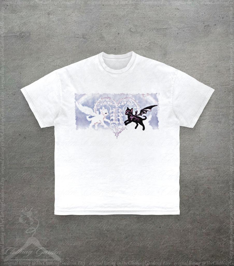 Angel Devil Cat Graphic Tee, Gifts For Cat Lovers, Creepy Cute T-Shirt for Men Women, Y2K Good Evil Cat Top, Coquette Alt Cat Shirt