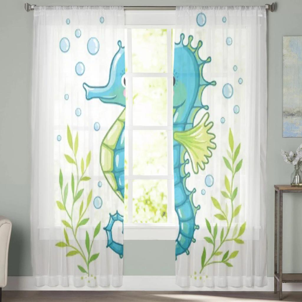 Cute Cartoon Sea Horse Tulle Curtains For Living Room Decoration Modern Veil Chiffon Curtains Bedroom Sheer Voile