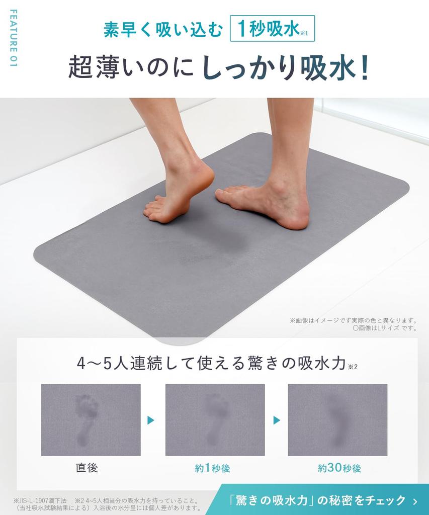 Shogeki SHOCK Magical Bath Large Made in Incredibly Thin and Absorbent Ultra-Thin, Smooth, Mat, (50x80cm), Gray, Japan, Non-Slip,
