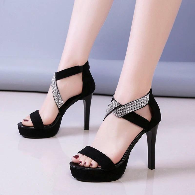 Fashion Sandals Closed Heel 2024 Summer Female Shoe Open Toe Rhinestone Girls Velvet New Fashion Peep Comfort Beige Sexy High Stiletto