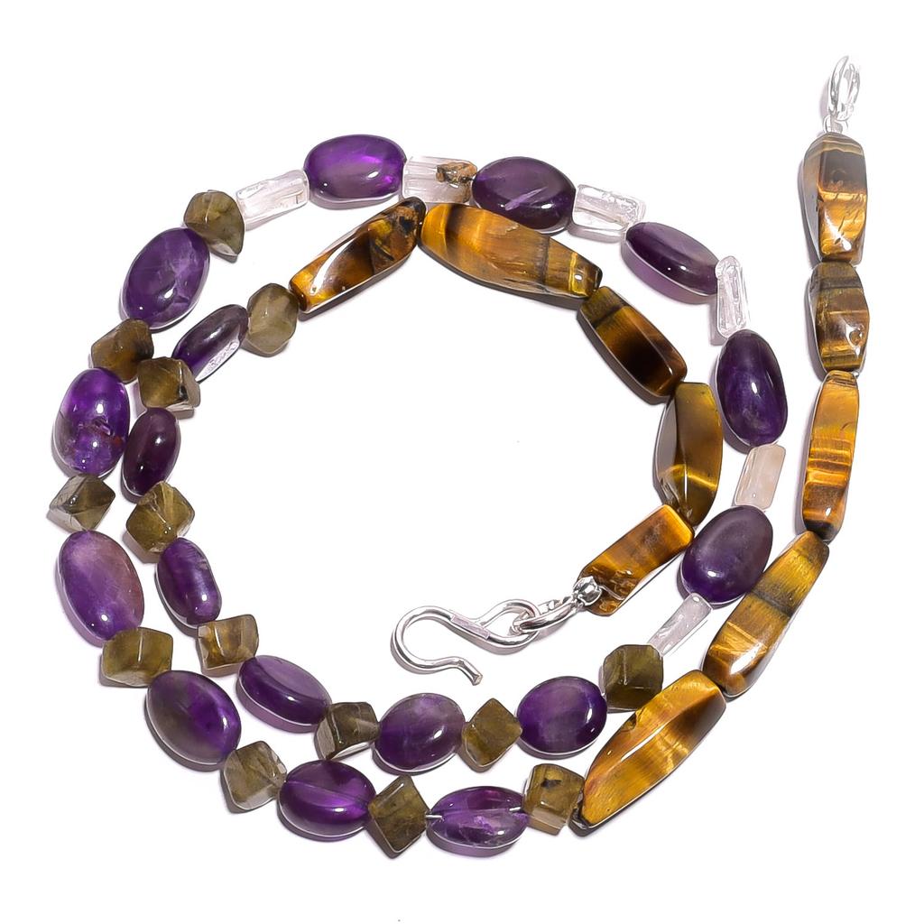 Natural Tiger Eye Amethyst Labradorite Gemstone Smooth Beads Necklace 17" UB5055 UB-5055