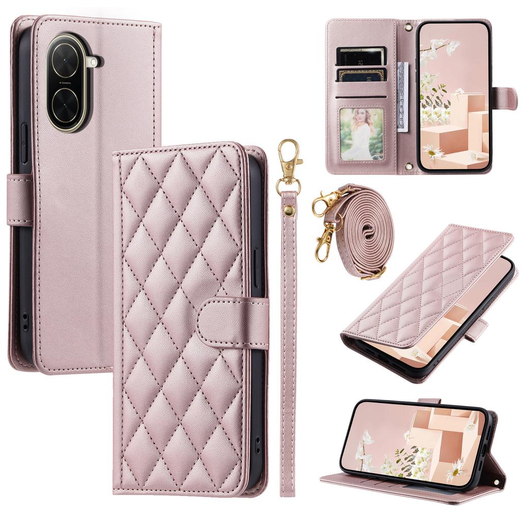 For Xiaomi Redmi A5 4G (171.7mm)/Poco C71 4G Case Wallet Rhombus Grid PU Leather Phone Cover with Shoulder Strap/Wrist Strap