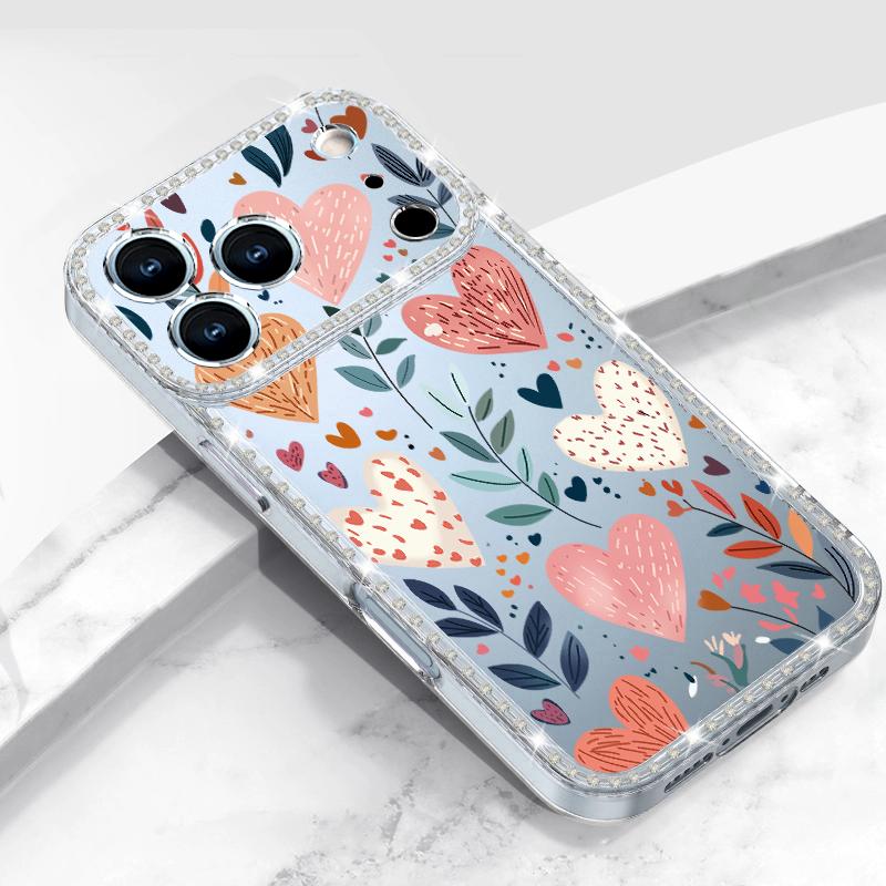 Pink Hearts Eye Pattern Diamond Case For iPhone 17 Pro Max Funda iPhone 16 Pro Max 15 14 13 11 Clear TPU Silicone Soft Cover