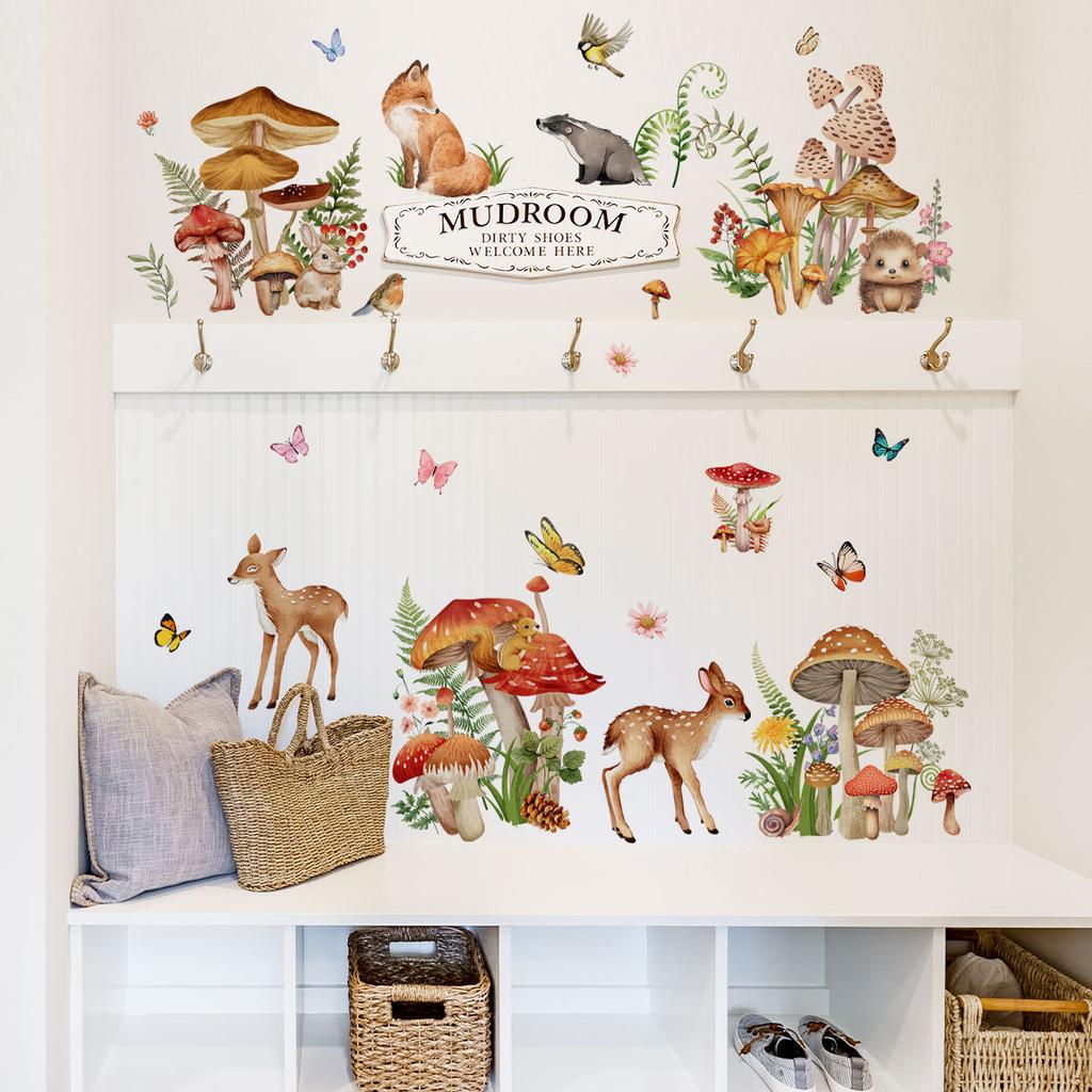 Cartoon Elk Deer Fox Mushroom Butterfly Wall Stickers for Kids Room Mural Art Decal Bedroom Deocration Animal Wallpaper