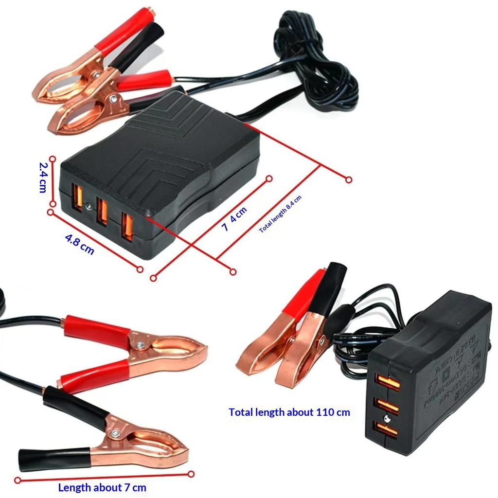 1Pcs 12V 24V To 5V Emergency Power Usb Adapter With 3Usb Ports And Battery Clip For High-Efficient Phone Charging