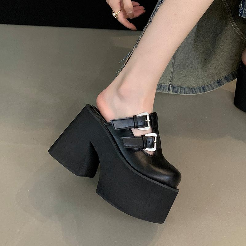 Fashion 11cm Block Heels Shoes Black Close Toe Slippers Punk Buckle Platform Chunky Heeled Sandals Summer Women Leisure Sandalias Mujer